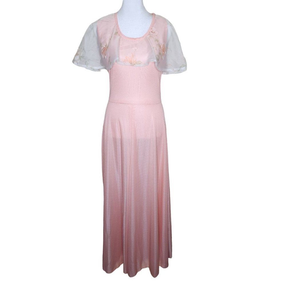 Vintage 70s Maxi Dress Sheer Capelet Womens Size L Peach Pink Floral Garden Part